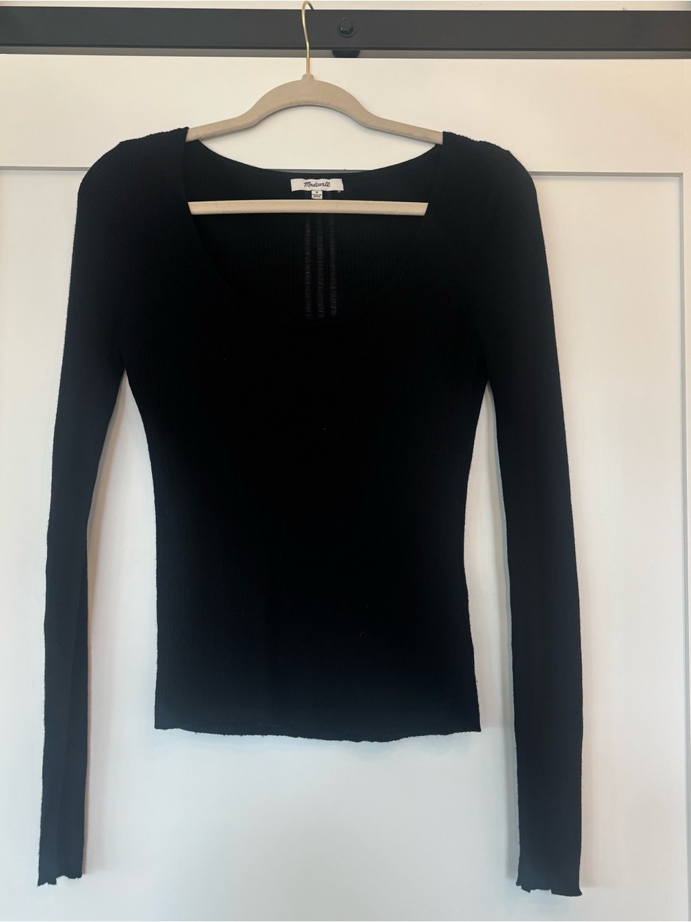 Madewell Black Ribbed Scoop-Neck Long Sleeve Top 75% merino, 25% silk